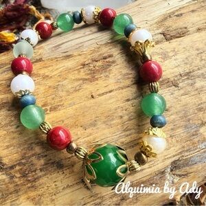 White Pearl Bracelet with green aventurine and jade Stone and gold  Accents